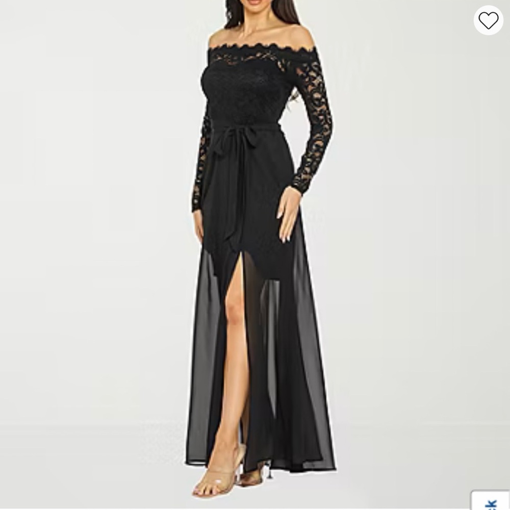 Off-Shoulder Black Lace Long-Sleeve Evening Gown